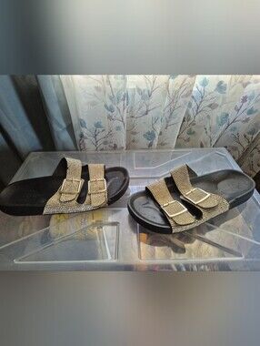 Womens 9.5 Black Slide Sandals with silver Diamond Rhinestone Straps